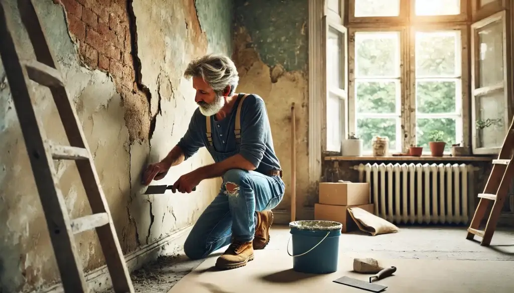 A man patching his walls